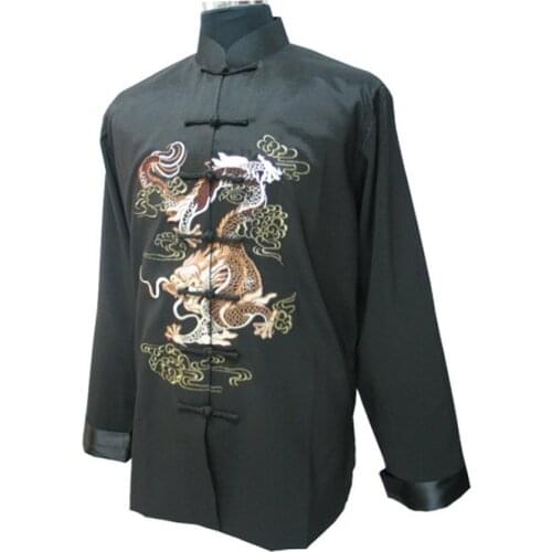 Black Chinese Mens Silk Tang Suit Novelty Kung Fu Jacket Classic Embroidery Costume Kung Fu Shirt Size M L XL XXL XXXL MJ080