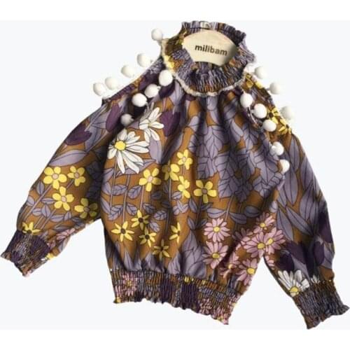 DFXD Spring New Arrival 2018 Long Sleeve Off Shoulder Flower Print Top Korean Children Girls Cute Balls T-shirt Toddler Shirts