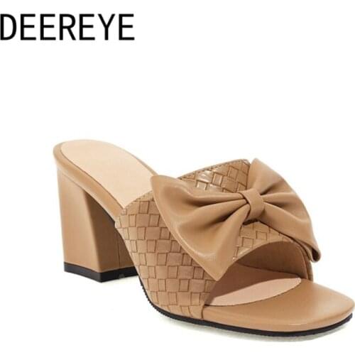 Apricot White Elegant Women Pleated BowKnot Chunky High Heel Mule Shoes Comfortable Sandals Slipper For Wedding Party And Dress