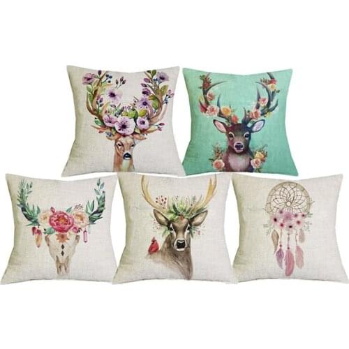 C01096 Floral Deer Sheep Head Prints Linen Pillowcaser Creative Animal Printed Cushion Cover Decorative Chair Car Throw Pillows