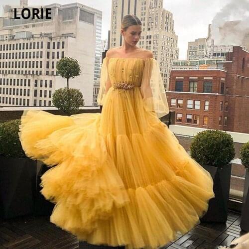 LORIE Off The Shoulder Yellow Prom Dresses Beaded Puff Sleeve Soft Tulle Formal Evening Party Gowns Princess Dress