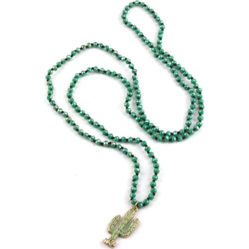 Fashion Bohemian Tribal Jewelry Mini Green Crystal Glass Knotted Green Epoxy Cactus Charm Pendant Necklaces