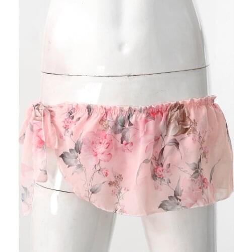 New Men Floral Print Chiffon Skirted Briefs Boxer Frilly Ruffle Lace-Up Sissy Exotic Lingerie Skirt Nightwear Role Play Costume