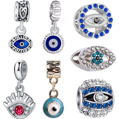 Lucky Demon Eyes Pendant Silver Color Charms Blue Sparkling Crystal Beads Fit Original Charms Pandora Bracelet Bead DIY Jewelry