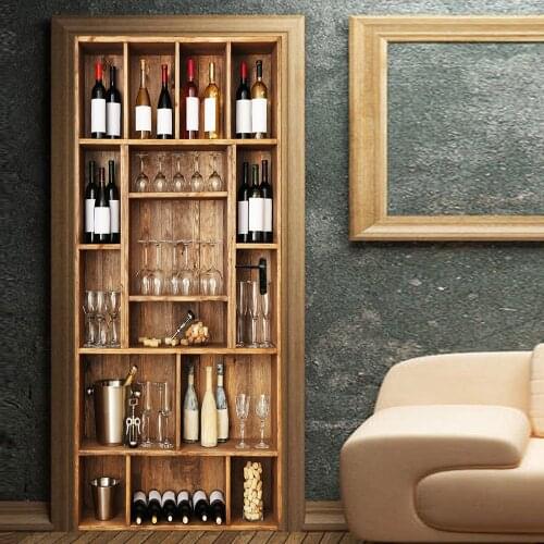 Retro Wine Rack Door Sticker Self Adhesive Vinyl Wardrobe Sticker Kitchen Fridge Decoration Decal Home Decor Mural Wall Poster
