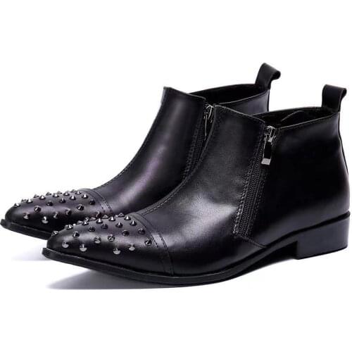 Spring Autumn Luxury Men Dress Ankle Boots Studded Genuine Leather Pointed Toe High Heels Basic Casual Dress Shoes Men Oxford