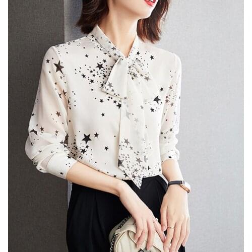 LJSXLS Star Print Bow Elegant Long Sleeve Shirt Women 2021 Autumn Casual Fashion Chiffon Office Ladies Blouses Camisas De Mujer