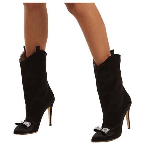Satin Luxury Women High Heels Mid-calf Short Boots Black Pink Red Crystal Bow Tie Stiletto Heel Pointed Toe Booties Shoes
