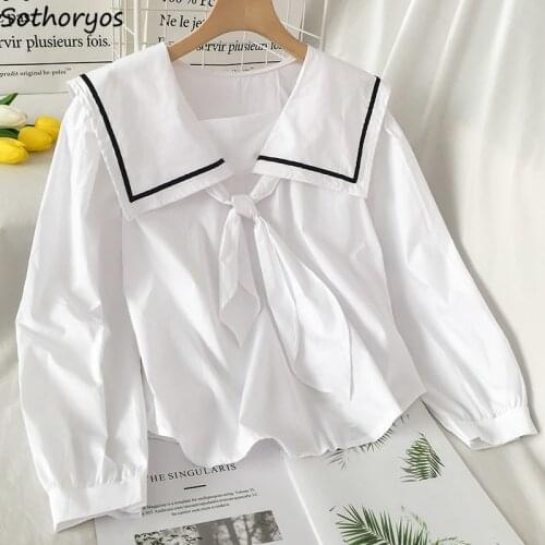 Sailor Collar Blouses Women France Style New Bow Puff Sleeve Patchwork Shirts Elegant Casual Chic Fashion Design Simple Students