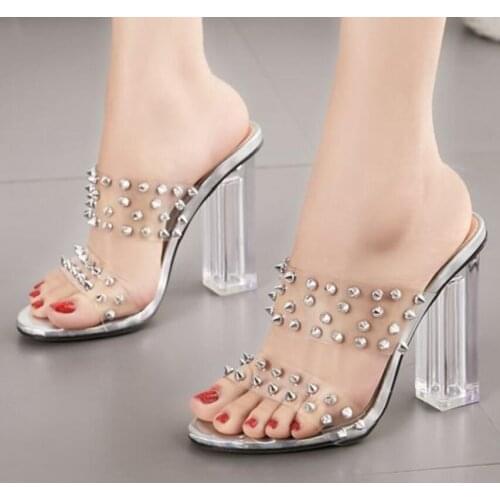 New Women Crystal Clear Transparent Sandals Slippers Women Fashion Rivets Block High Heels Slide Chunky Mules Wedding Shoes
