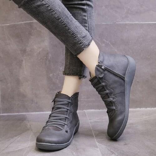 Womens PU Leather Ankle Boots Women Autumn Winter Cross Strappy Vintage Women Punk Boots Flat Ladies Shoes Woman Botas Mujer777
