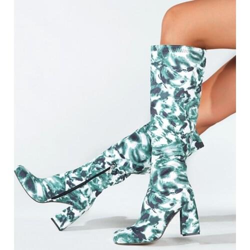 2021 Women Pumps Thick High Heel Green Camouflage Knight Booties Side Zipper Square Toe Winter Female Fashion Knee Shoes
