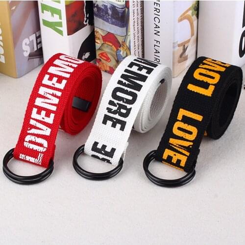 Women Harajuku Belt Letter Printed Fashion Unisex Double D Ring Canvas Strap Simple Trend Wild Female Long Belts For Jeans