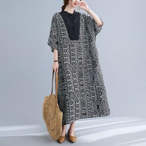 Batwing Sleeve Loose Oversized Summer Dress Cotton Print Floral Patchwork Vintage Chinese Style Dress Women Casual Beach Dress