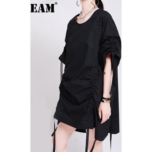 [EAM] Women Green Drawstring Irregular Big Size Dress New Round Neck Half Sleeve Loose Fit Fashion Tide Spring Summer 2021 1W945