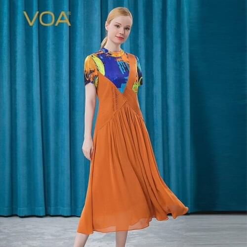 VOA 20m/m Truffles Floral Half-high Collar Short Sleeved AE519 Brown Yellow Color Doodle Tuck Collage Summer Dress for Women
