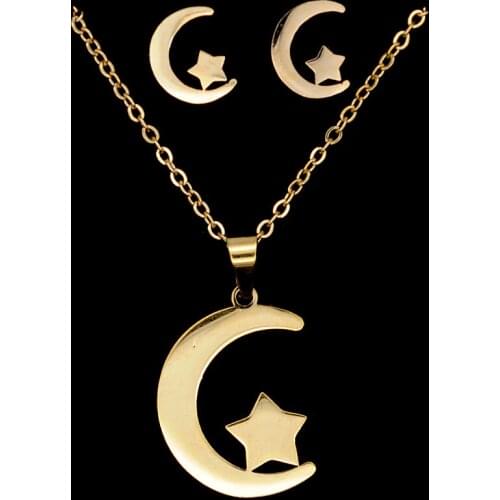100% Stainless Steel PVD Gold Filled Moon Star Earring Necklace Jewelry Set Never Tarnish Stud Earrings 45cm Pendant Necklaces