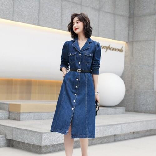 2021 spring new womens dress European and American temperament slim long skirt single breasted blue high waist denim dress