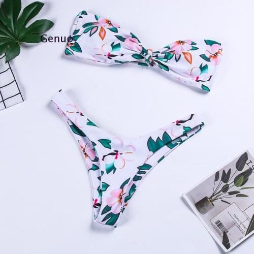 Women Bikini Set Leaf Print Lace-Up High Leg Biklady Sexy Bikini Swimwear Summer Beach Swimsuit Bathing Suitini Set