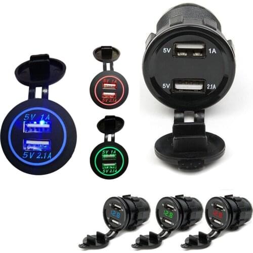 Dual USB Car Charger Cover for Motorcycle Auto Truck ATV Boat 12V-24V LED Dual USB Socket Mount Charger Power Adapter 5V 2.1A/1A