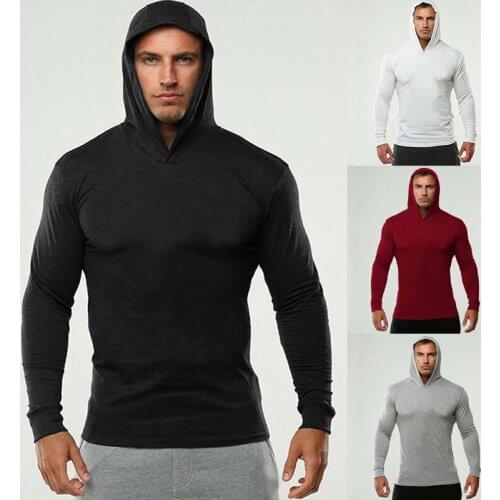Bodybuilding Running T-Shirt Men Fitness Long Sleeve Hooded T Shirt Men Plain Gym Clothing Fashion Slim Fit Cotton Tee Tops