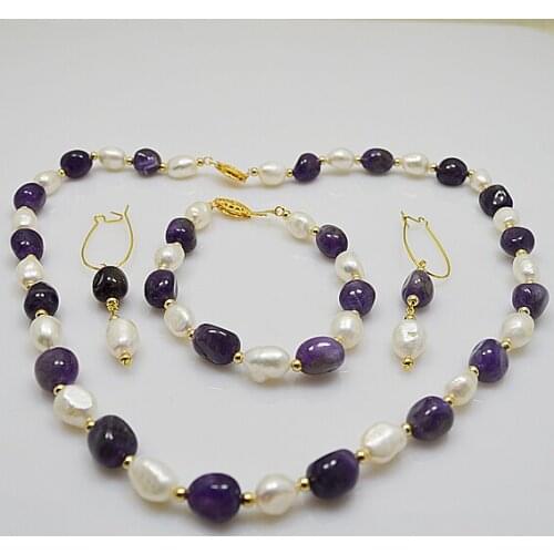 Natural White Pearl Jewelry Set Baroque Freshwater Pearl Purple Amethystes Necklace Bracelet Earrings Charming Women Gift