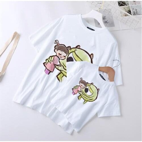 Disney Love Fashion Family Clothes Short Sleeve White Loose O-neck Tshirts Printed Baby Boys Girls Family Look Family Outfits