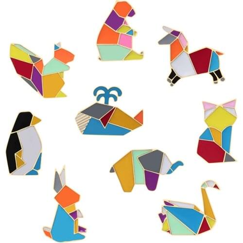 Fashion Origami Crane Rabbit Penguin Elephant Cat Goose Whale Horse Brooches Colorful Splicing Animal Enamel Pins Badges Jewelry