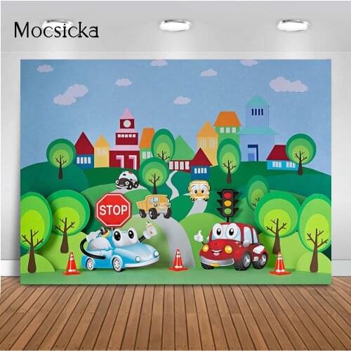 Cartoon Car newborn kids birthday backdrop cake smash forest children baby shower birthday party decoration photocall banner