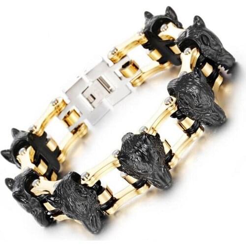 Gold Black Stainless Steel Motorcycle Bike Biker Chain Mens Bracelet Punk Rock Male Viking Wolf Lion Head Man Bracelets Jewelry