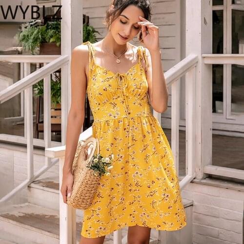 WYBLZ 2021 New Summer Spaghetti Straps Dress Sexy Print Floral Backless Ladies Sundress Casual Boho Holiday Sweet Mini Dresses