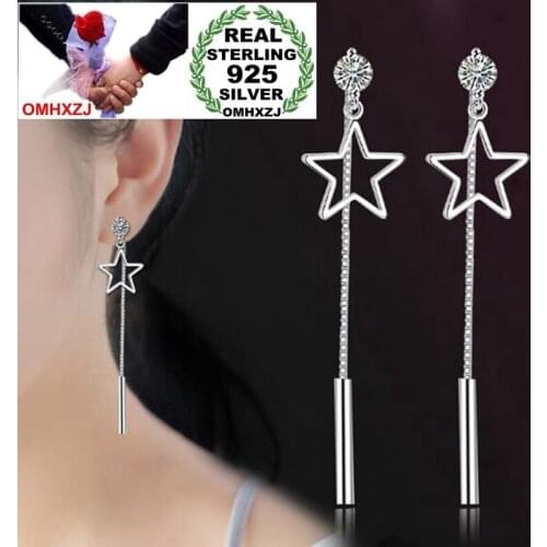 OMHXZJ Wholesale Sweet Fashion joker Woman wedding Bride Gift Hollow Pentagram 925 Sterling Silver Tassel Stud Earrings YS283