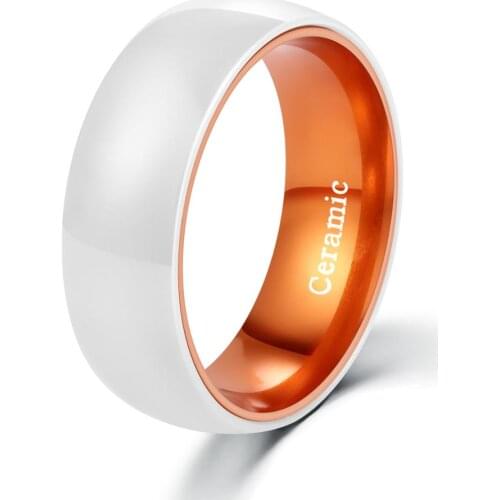 POYA Mens Jewelry White Ceramic Ring Orange Wedding Band Aluminum Liner Comfort Fit