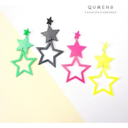 QUMENG Big Fluorescent color Pentagram Acrylic dangle Earrings Women Lightweight Bijoux rock Large Star Earrings Jewelry 2020