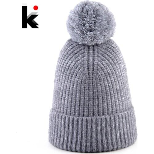 Knitted POMPOM Beanies Winter Warm Knitting Wool Hats Women Solid Color Bonnet Gorras With PomPom Soft Outdoor Ski Skullies Hat