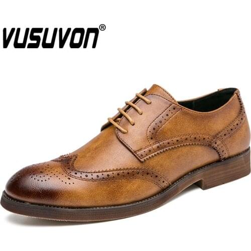 Men Derby Shoes Fashion Genuine Leather Formal Dress Brogues Casual Flats Retro Pointed Toe Male Boys 38-47 Big Size Footwear