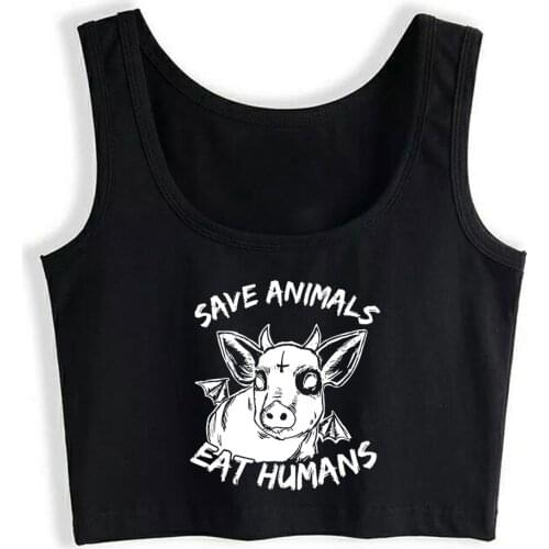 Crop Top Sport Save Animals Eat Humans Cow Heifer Satanic Cross Kawaii Inscriptions Sleeveless Tops Women