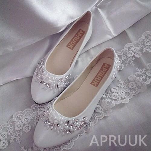 Luxury crystal rhinestones flats wedding shoes for bride plus size 41 42 43 ladies party proms dress ceremony white flats shoe