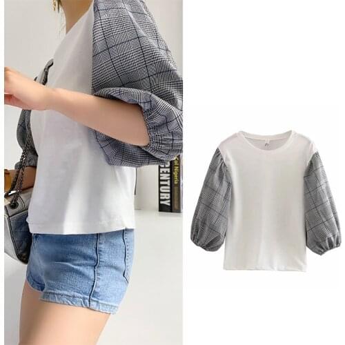 Mrs Win ZA Summer 2021 Women Loose Pleat Puff Sleeve Leaves O-Neck Woven T-shirt Female Casual Crop Tops MujerPL200