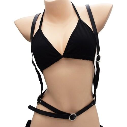 Women Black Brown Bondage Faux Leather Body Harness Uinque Sexy Multi Layer Chain Collar Necklace Dance Party Accessories