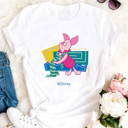 Winnie The Pooh Printed Women T Shirts Summer Short Sleeve Casual White O-neck Tshirt Piglet Girl Lady Simple Basic Cartoon Tops