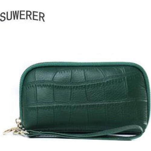Genuine leather ladys clutch bag stone grain embossed long mobile phone leather zipper wrist bag women clutch bag