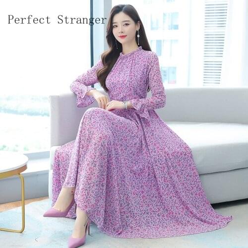 2021 Autumn New Arrival High Quality Retro Round Collar Long Sleeve Collect Waist Women Long Chiffon Dress