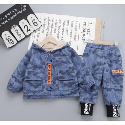 Winter Velvet Warm Thicken Kids Clothes 2 Piece Sets Camouflage Hooded Jackets+Pants Boys Girls Comfortable Outfit 12M-4T