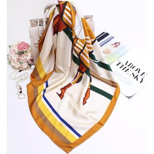 100% Pure Silk Scarf Women Horse Print Square Scarves Wraps Manual Hand Rolled Head Hijabs Curled Silk Foulards Bandana 90CM