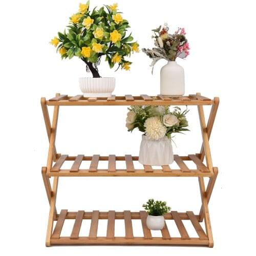 3 Tier Foldable Plant Stand Wood Shelf Flower Pot Display Planter Holder Utility Storage Rack for Home Living Room Balcony Patio