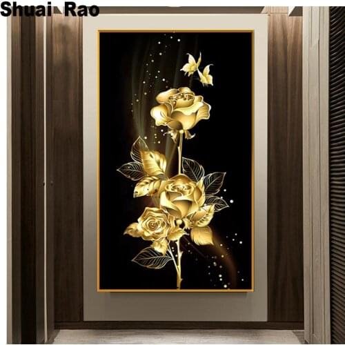 Large DIY Diamond Painting Golden rose flower Full Square round 5D Diamond Embroidery Cross Stitch Mosaic Sticker Gift Home art