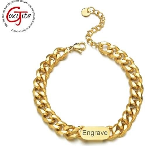 Goxijite Engrave Name Bracelet For Women Men Stainless Steel Personalized Adjustable Nameplate Gold Bracelet Creative Gift