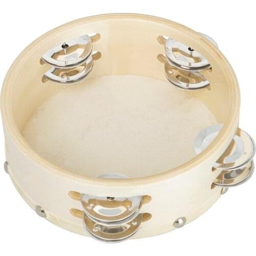 6inch Wooden Tambourine Handbell Hand Drum Sheepskin Drum Head Double Row Jingles Percussion Instrument for Children Musical Toy