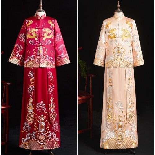 Men Wedding Dress Retro Qipao Chinese Cheongsam Dress High Quality Bridegroom Dragon Embroidery Long Section